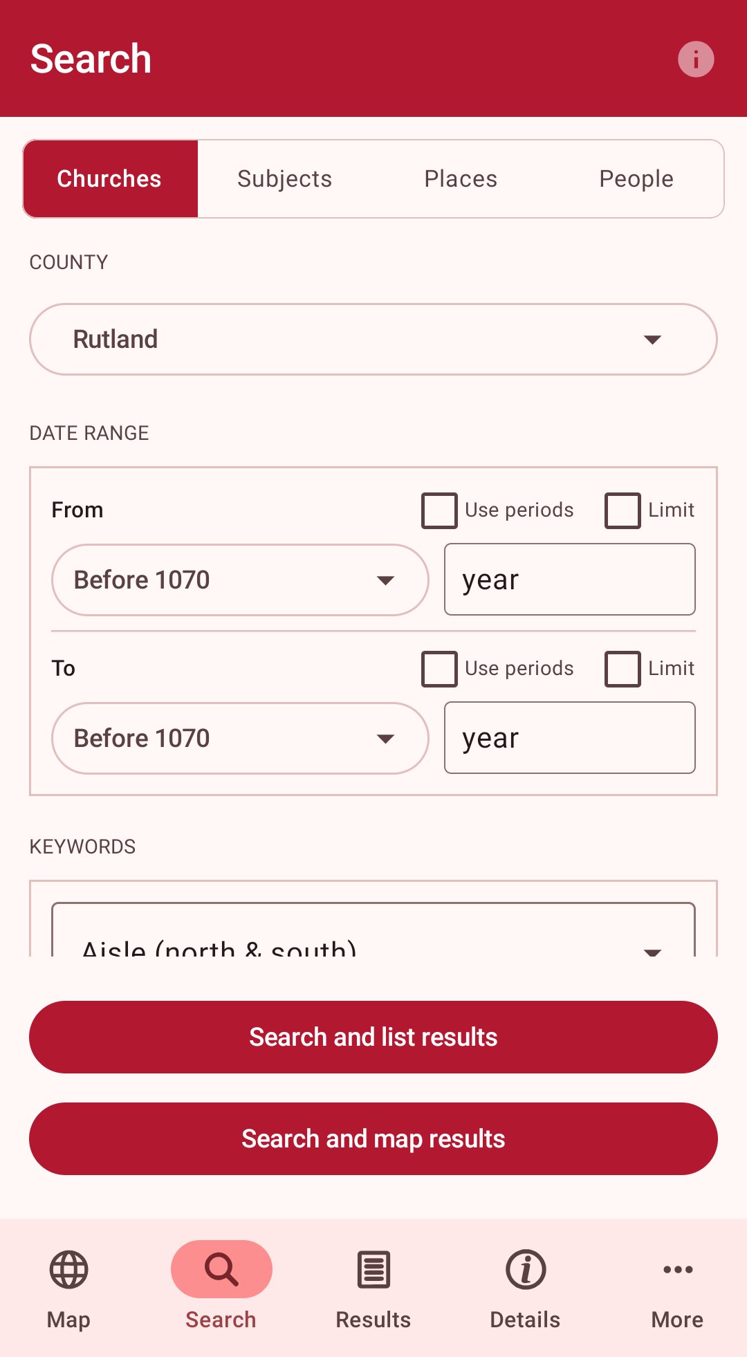Parish Churches app search screen